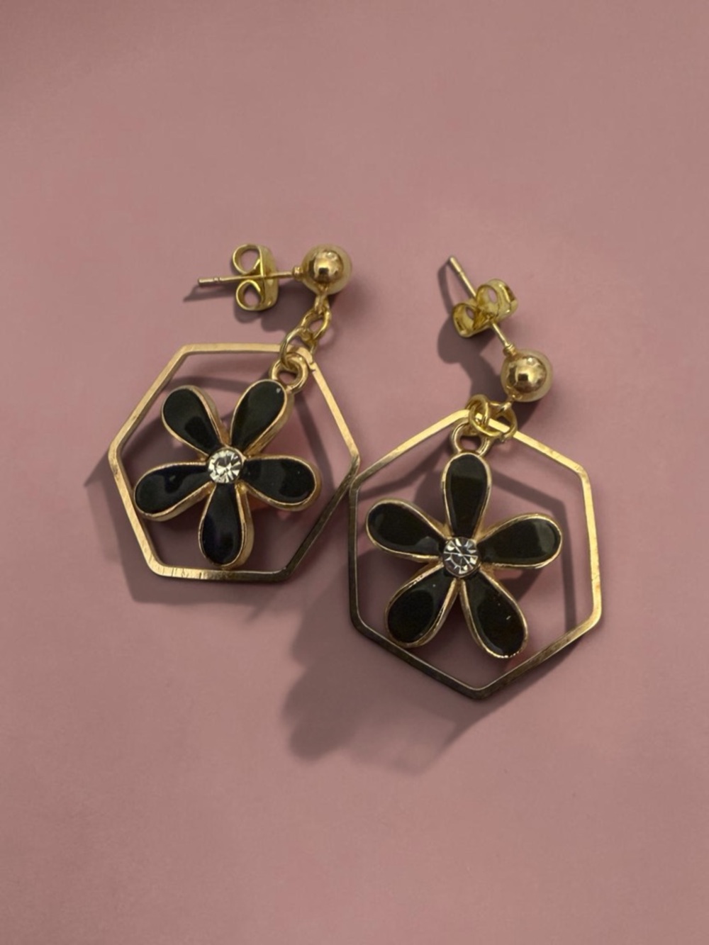 Gold Hexagon Drop Earrings with Black Flower Accents - Women Jewelry